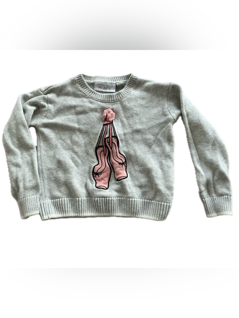 The Children's Place Light Gray Crewneck Sweater with Pink Ballet Shoe Girls 3T